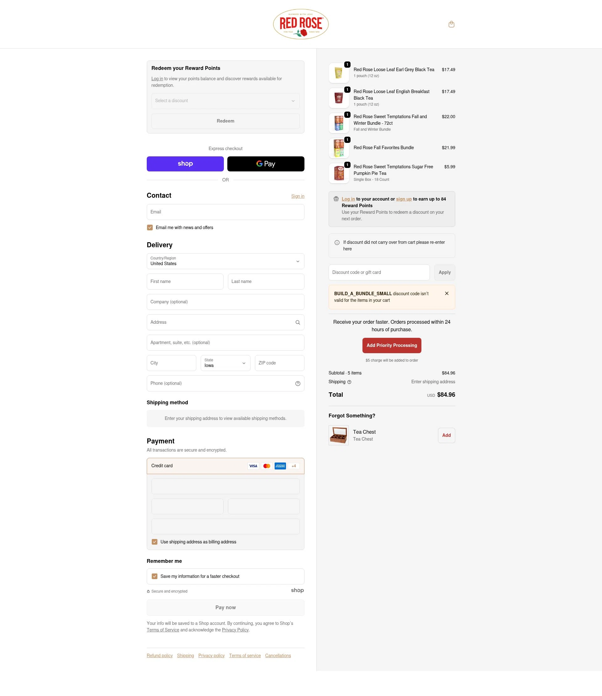 Red Rose Tea checkout page showing Red Rose Tea coupon code box | Screenshot taken by SimplyCodes community member on Dec 28, 2025