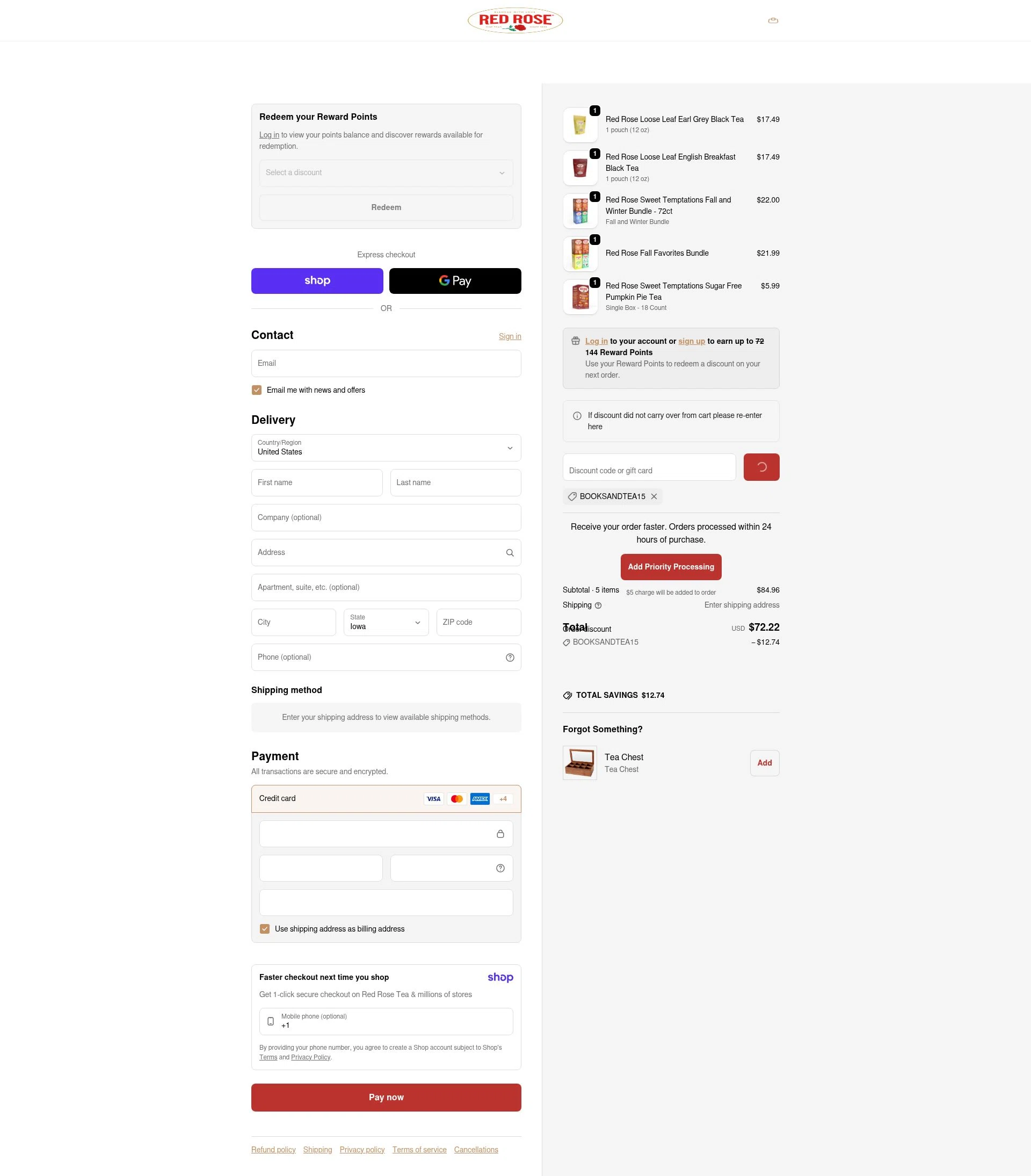 Red Rose Tea checkout page showing Red Rose Tea coupon code box | Screenshot taken by SimplyCodes community member on Jan 8, 2026