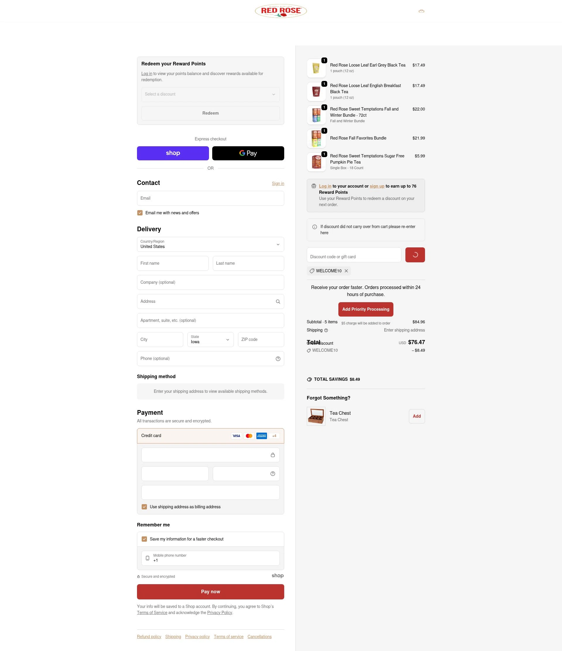 Red Rose Tea checkout page showing Red Rose Tea coupon code box | Screenshot taken by SimplyCodes community member on Dec 28, 2025