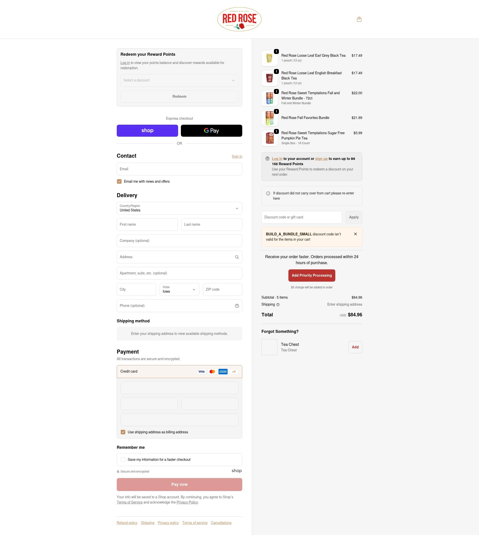 Red Rose Tea checkout page showing Red Rose Tea coupon code box | Screenshot taken by SimplyCodes community member on Jan 2, 2026