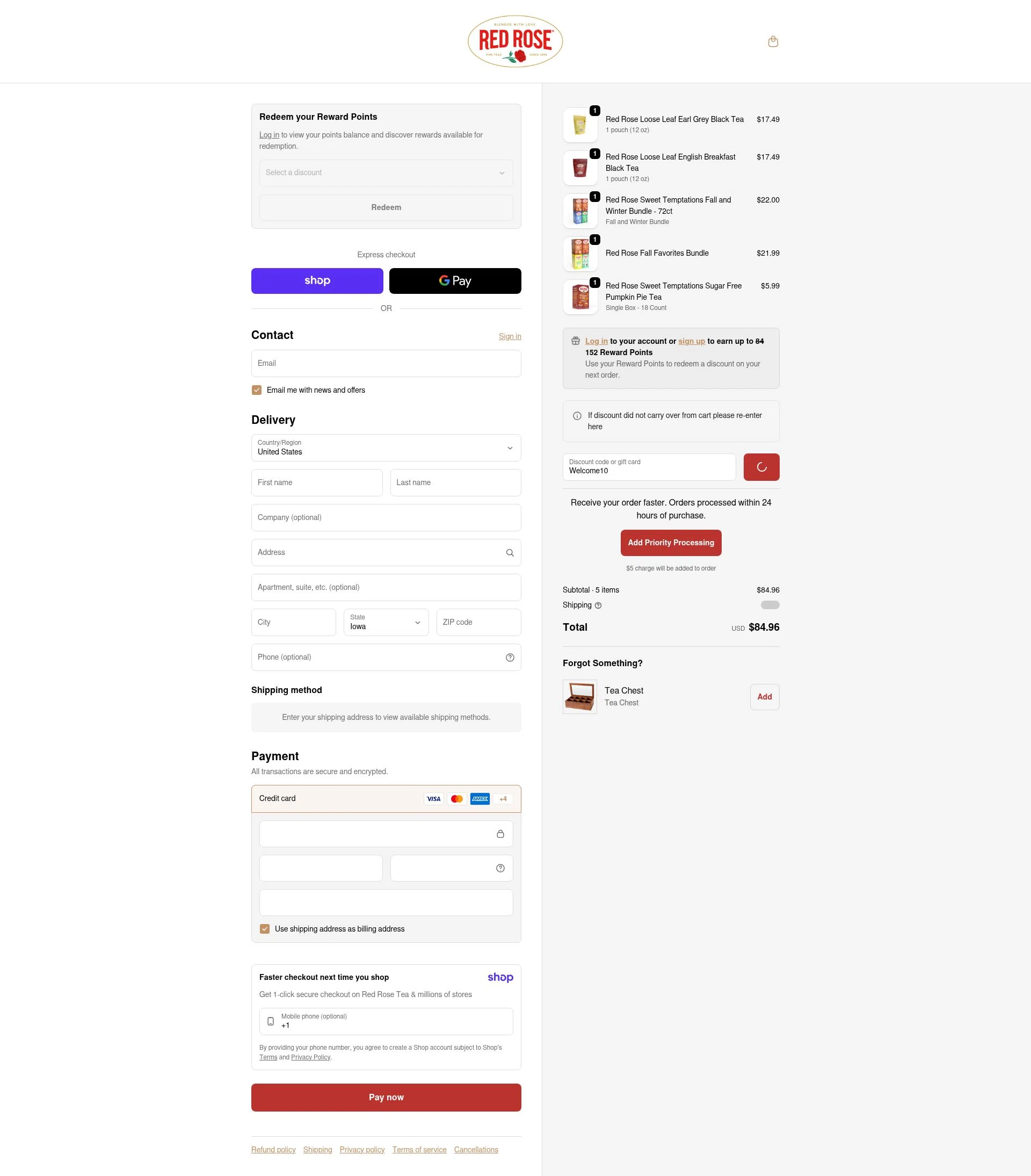 Red Rose Tea checkout page showing Red Rose Tea coupon code box | Screenshot taken by SimplyCodes community member on Jan 8, 2026