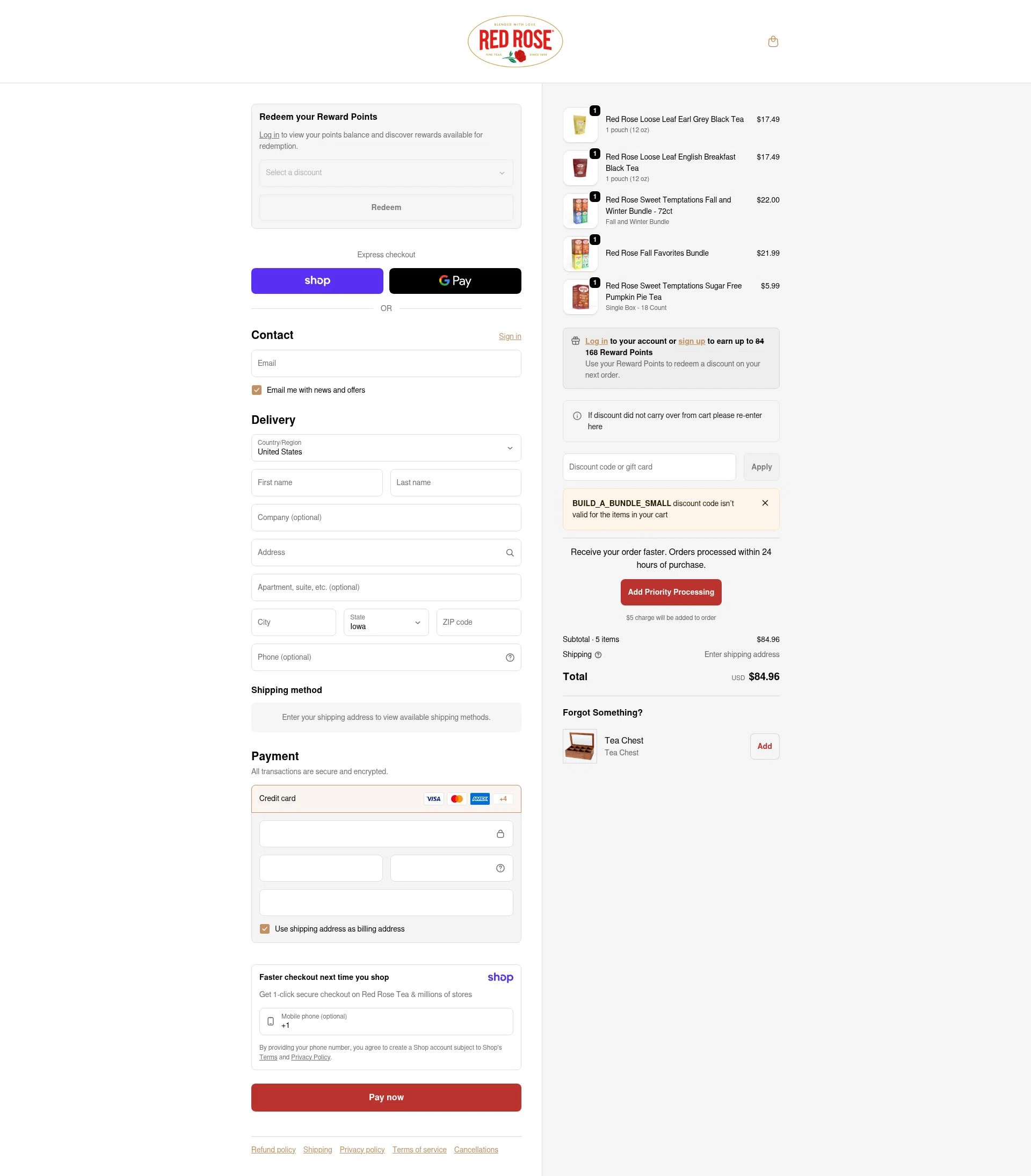 Red Rose Tea checkout page showing Red Rose Tea coupon code box | Screenshot taken by SimplyCodes community member on Jan 8, 2026