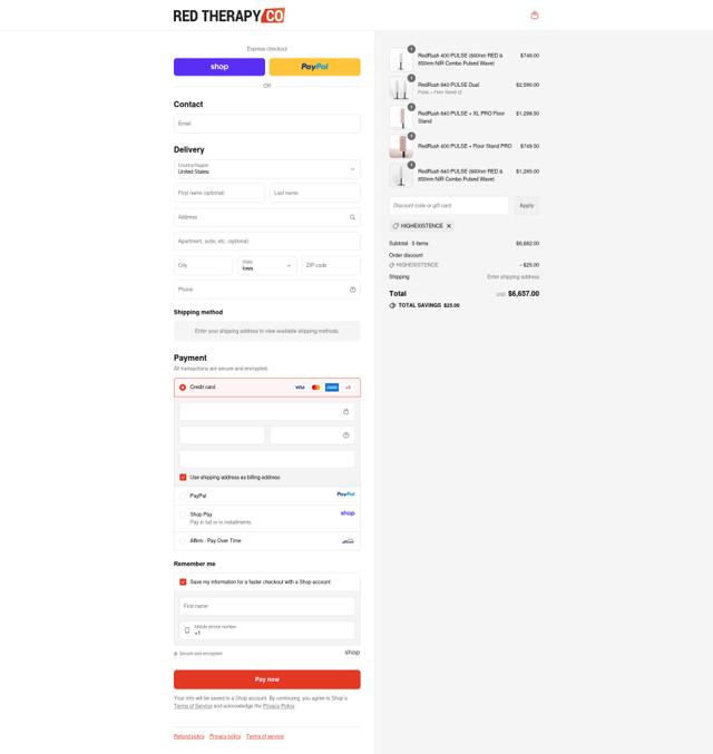 Red Therapy checkout page showing Red Therapy promo code box | Screenshot taken by SimplyCodes community member on Sep 13, 2025