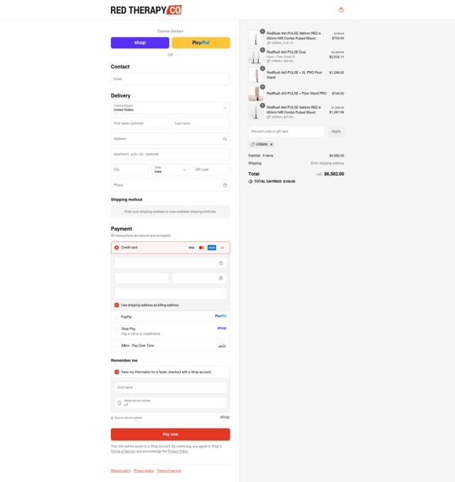 Red Therapy checkout page showing Red Therapy promo code box | Screenshot taken by SimplyCodes community member on Sep 13, 2025