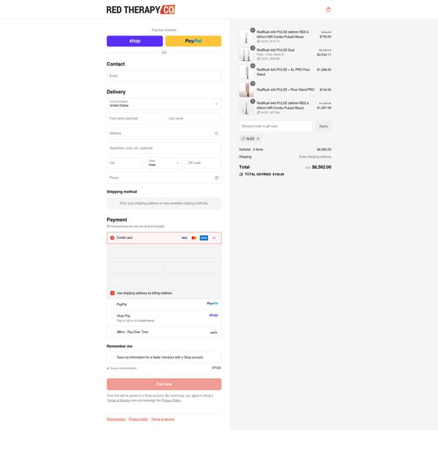 Red Therapy checkout page showing Red Therapy promo code box | Screenshot taken by SimplyCodes community member on Sep 13, 2025