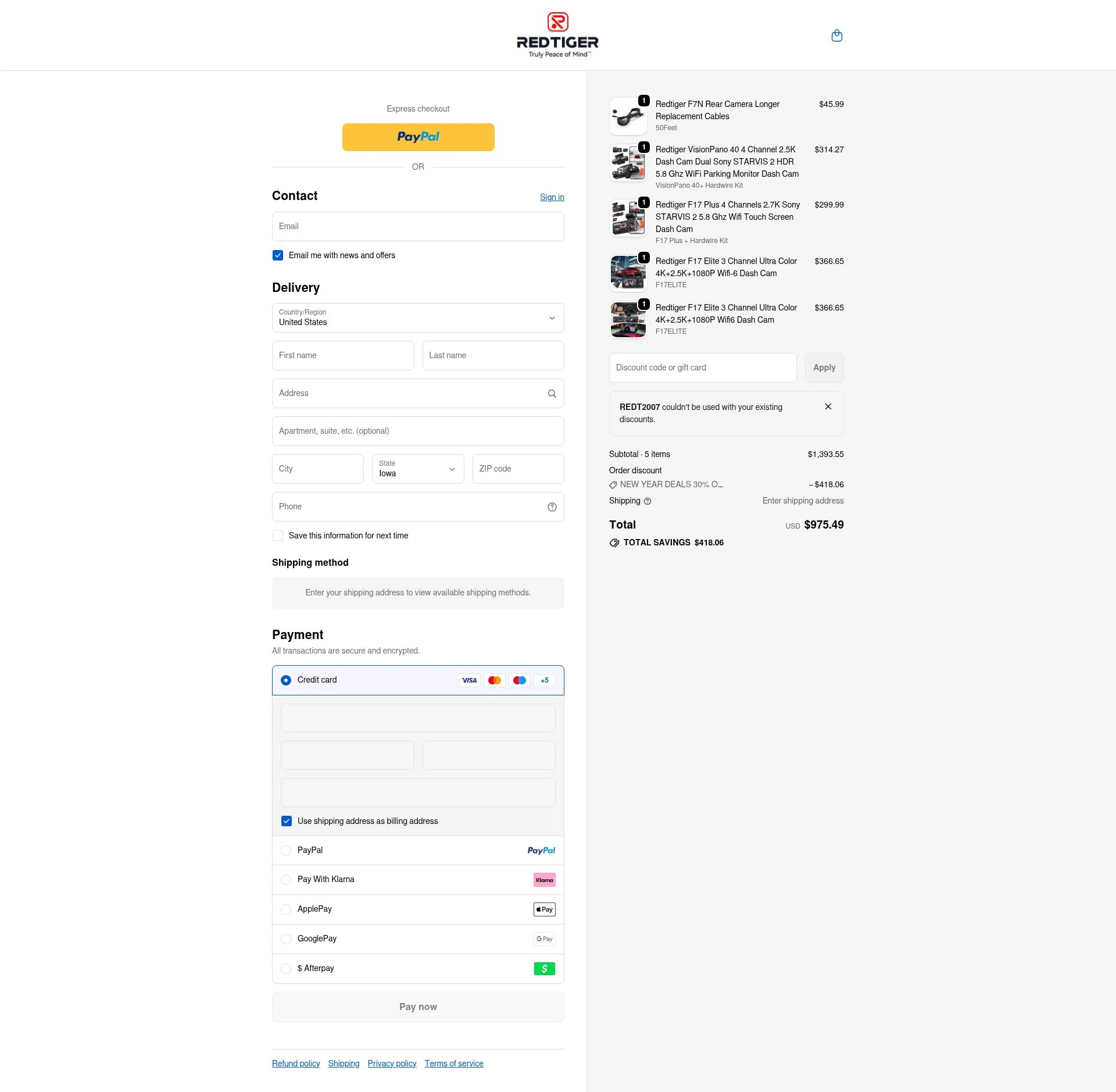 Redtiger checkout page showing Redtiger discount code box | Screenshot taken by SimplyCodes community member on Jan 4, 2026