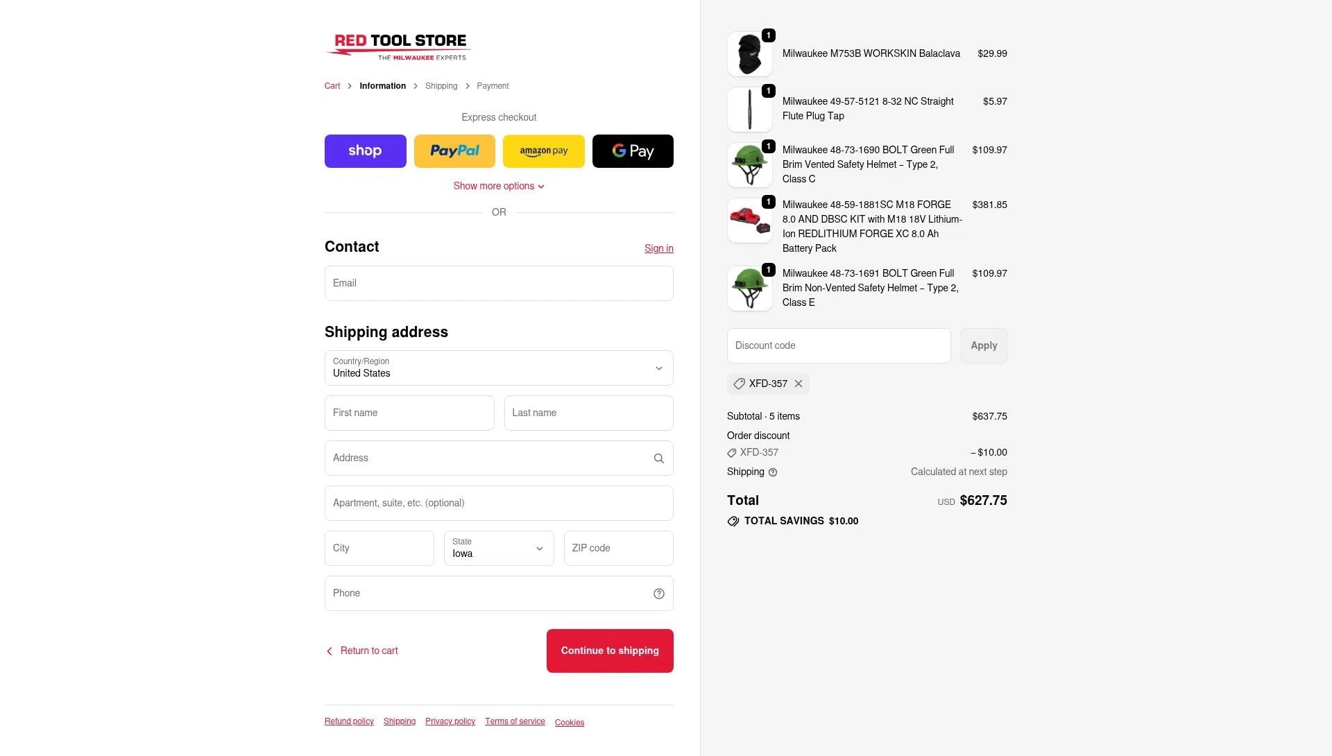 Red Tool Store checkout page showing Red Tool Store discount code box | Screenshot taken by SimplyCodes community member on Feb 6, 2026