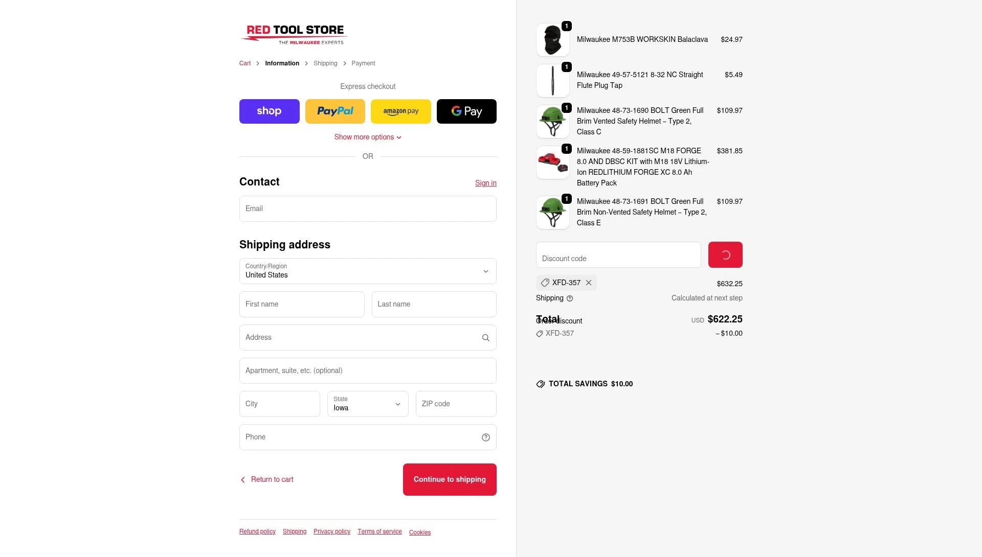 Red Tool Store checkout page showing Red Tool Store discount code box | Screenshot taken by SimplyCodes community member on Jan 9, 2026