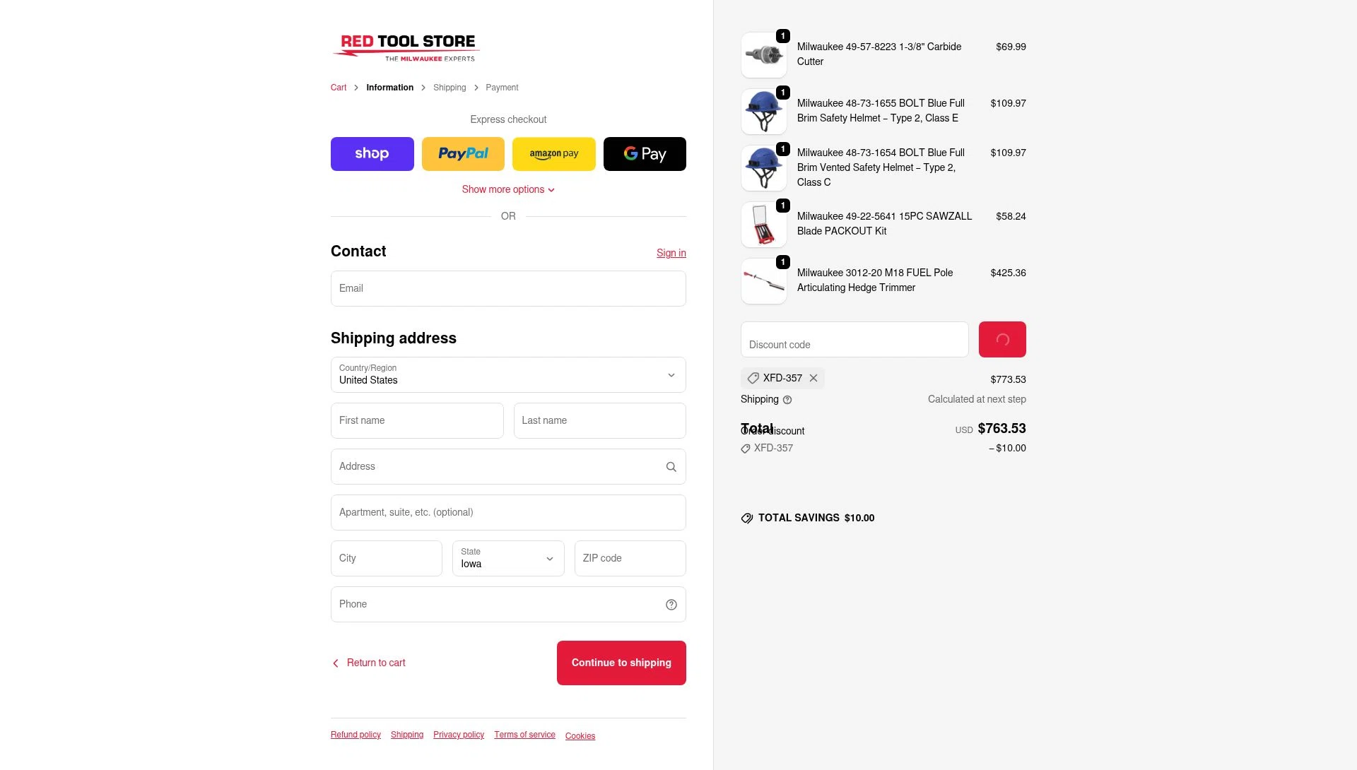 Red Tool Store checkout page showing Red Tool Store discount code box | Screenshot taken by SimplyCodes community member on Dec 30, 2025