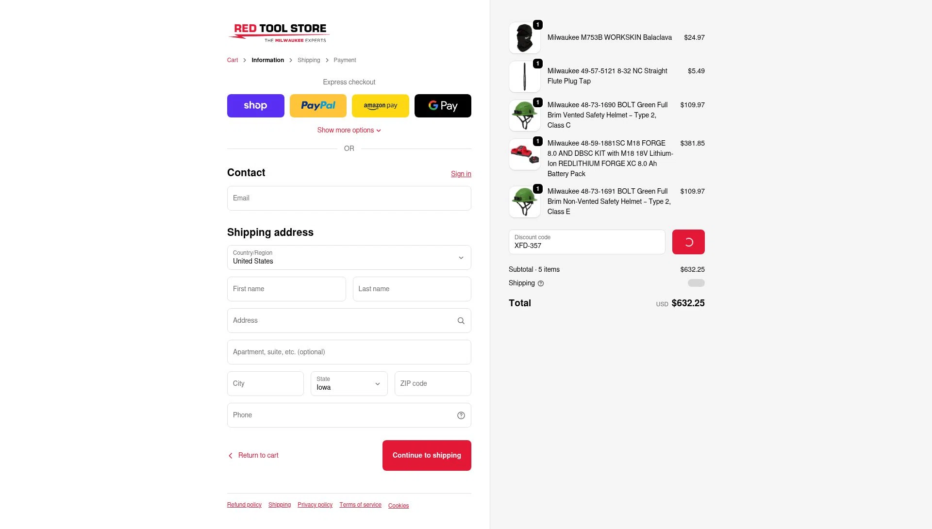 Red Tool Store checkout page showing Red Tool Store discount code box | Screenshot taken by SimplyCodes community member on Jan 14, 2026