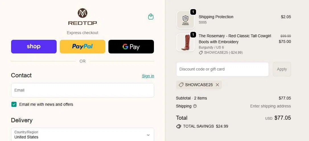 REDTOP coupon code screenshot showing code SHOWCASE25 applied at REDTOP checkout page. Uploaded by SimplyCodes community member WiseTitan5941 on Nov 24, 2025