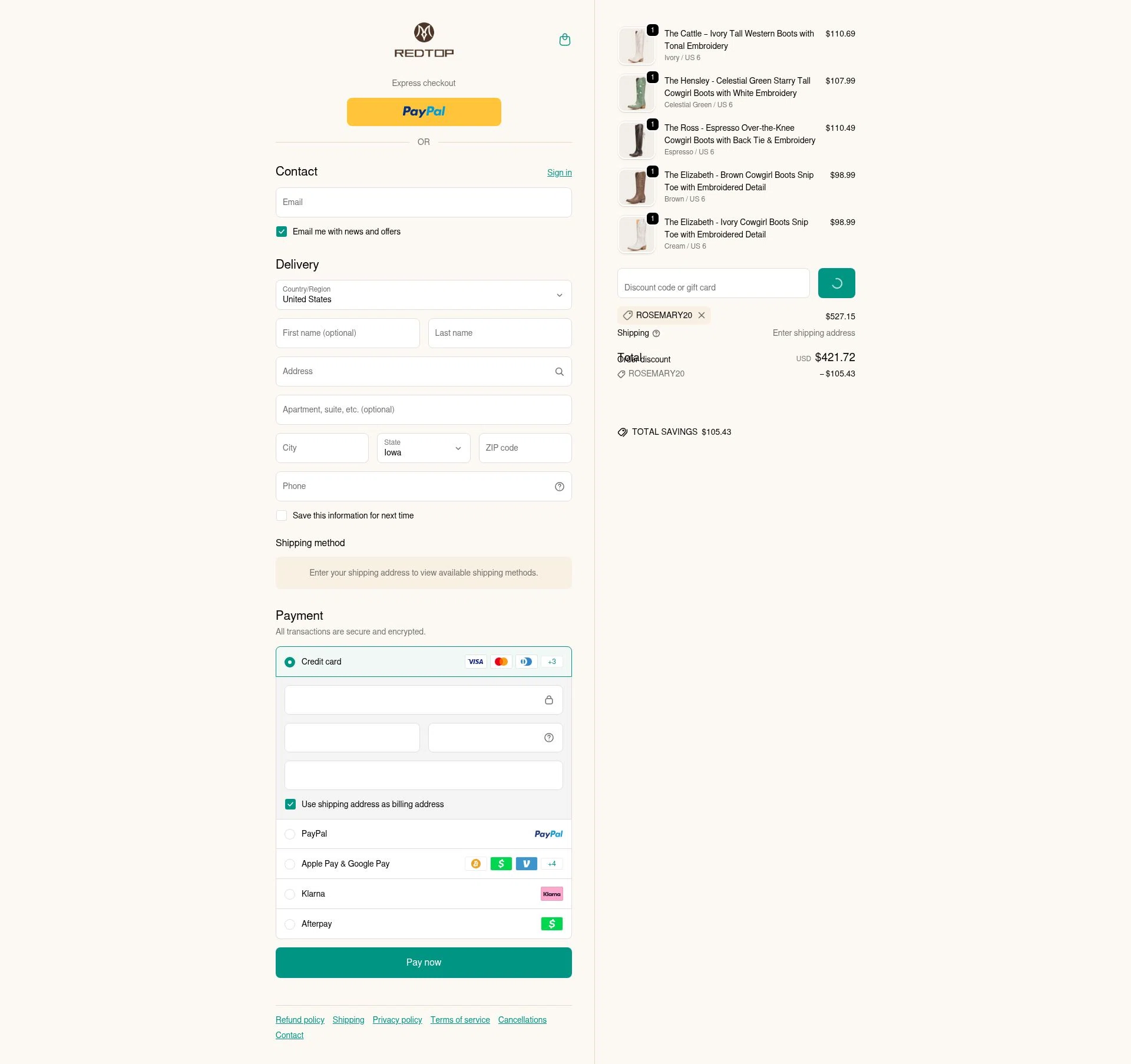REDTOP checkout page showing REDTOP coupon code box | Screenshot taken by SimplyCodes community member on Dec 29, 2025