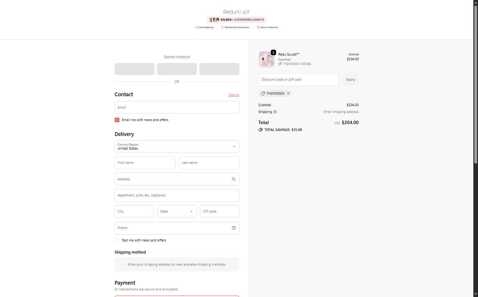 Redu Sculpt checkout page showing Redu Sculpt coupon code box | Screenshot taken by SimplyCodes community member on Feb 7, 2026