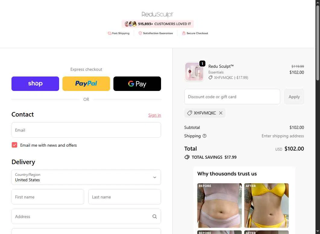 Redu Sculpt checkout page showing Redu Sculpt coupon code box | Screenshot taken by SimplyCodes community member on Feb 7, 2026