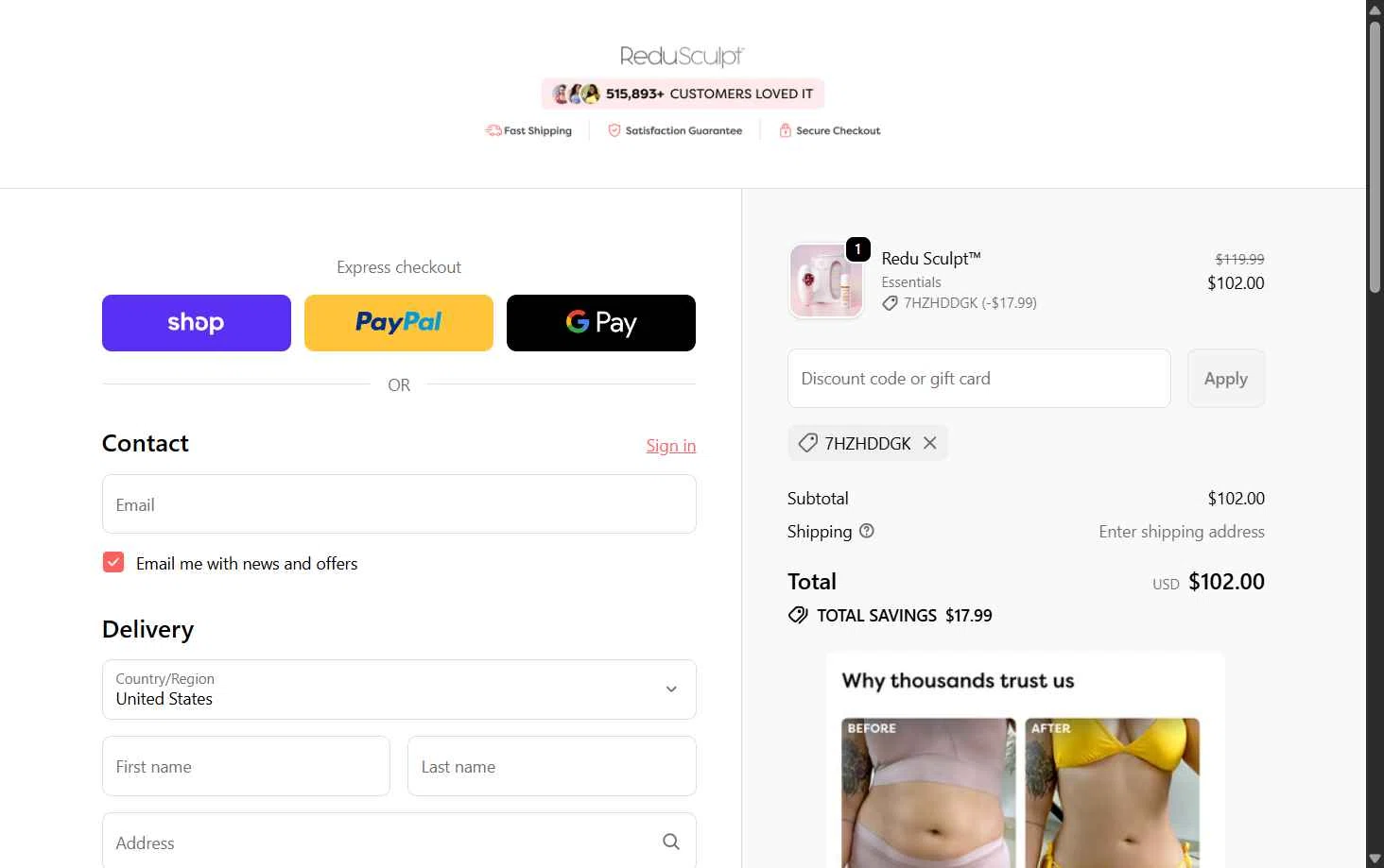 Redu Sculpt checkout page showing Redu Sculpt coupon code box | Screenshot taken by SimplyCodes community member on Jan 23, 2026