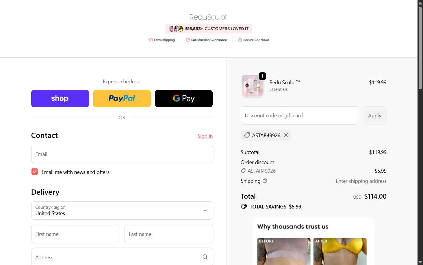 Redu Sculpt checkout page showing Redu Sculpt coupon code box | Screenshot taken by SimplyCodes community member on Jan 23, 2026