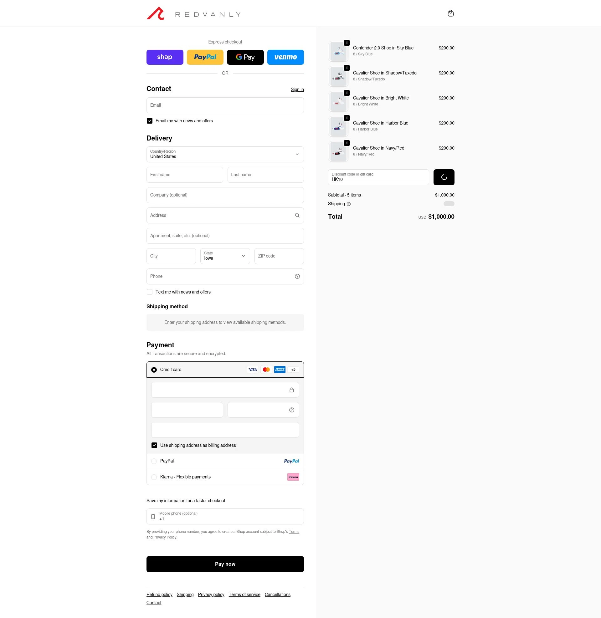 REDVANLY checkout page showing REDVANLY discount code box | Screenshot taken by SimplyCodes community member on Feb 1, 2026