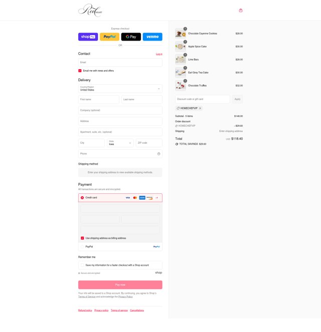 Red Velvet NYC checkout page showing Red Velvet NYC promo code box | Screenshot taken by SimplyCodes community member on Aug 25, 2025