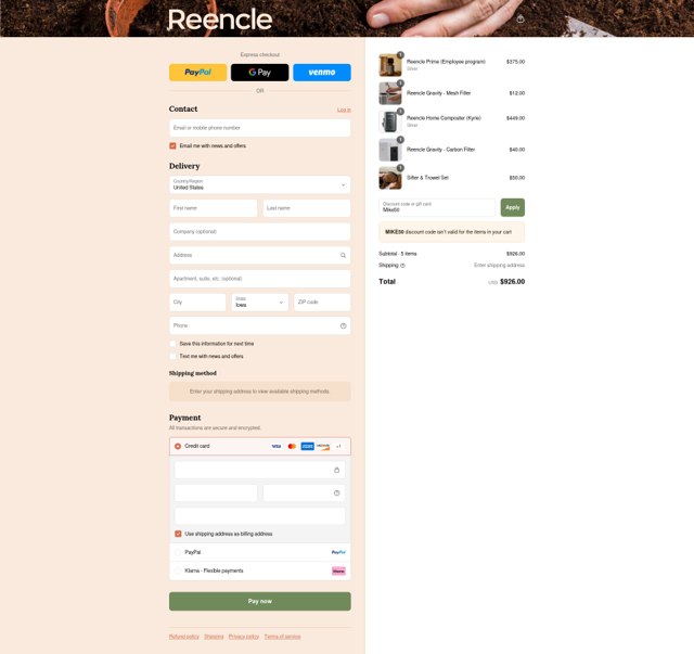 Reencle checkout page showing Reencle discount code box | Screenshot taken by SimplyCodes community member on Sep 4, 2025