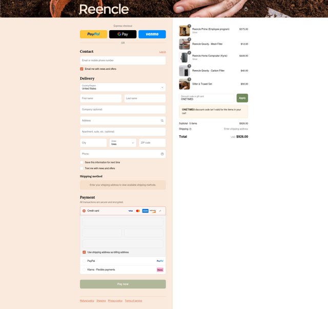 Reencle checkout page showing Reencle discount code box | Screenshot taken by SimplyCodes community member on Sep 4, 2025