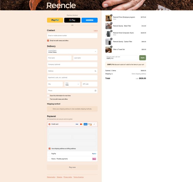Reencle checkout page showing Reencle discount code box | Screenshot taken by SimplyCodes community member on Sep 4, 2025