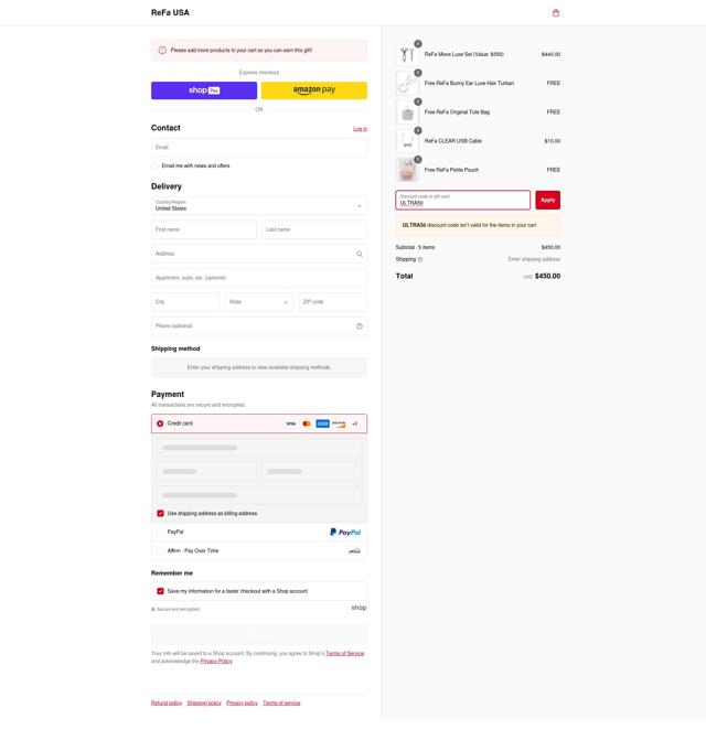 ReFa checkout page showing ReFa promo code box | Screenshot taken by SimplyCodes community member on Feb 24, 2025