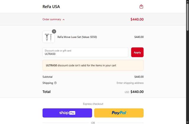 ReFa checkout page showing ReFa promo code box | Screenshot taken by SimplyCodes community member on Mar 25, 2025