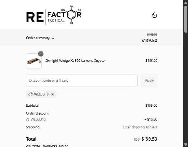 RE Factor Tactical checkout page showing RE Factor Tactical discount code box | Screenshot taken by SimplyCodes community member on Sep 3, 2025