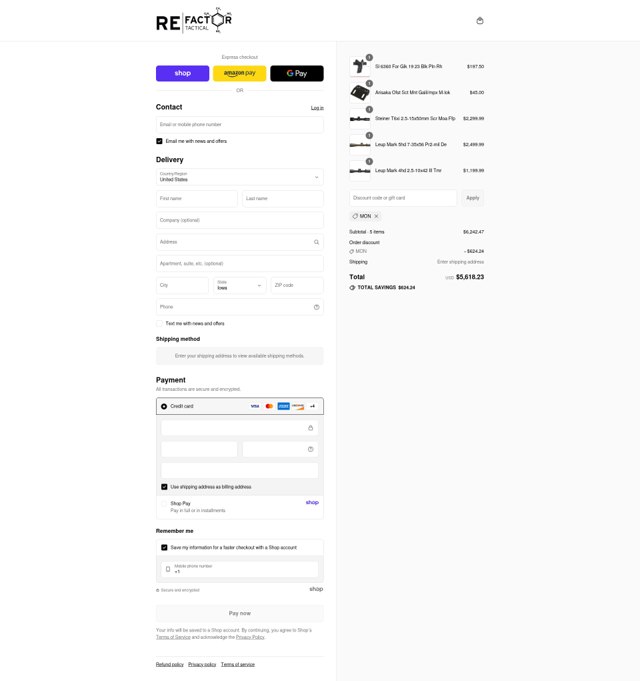 RE Factor Tactical checkout page showing RE Factor Tactical discount code box | Screenshot taken by SimplyCodes community member on Sep 1, 2025