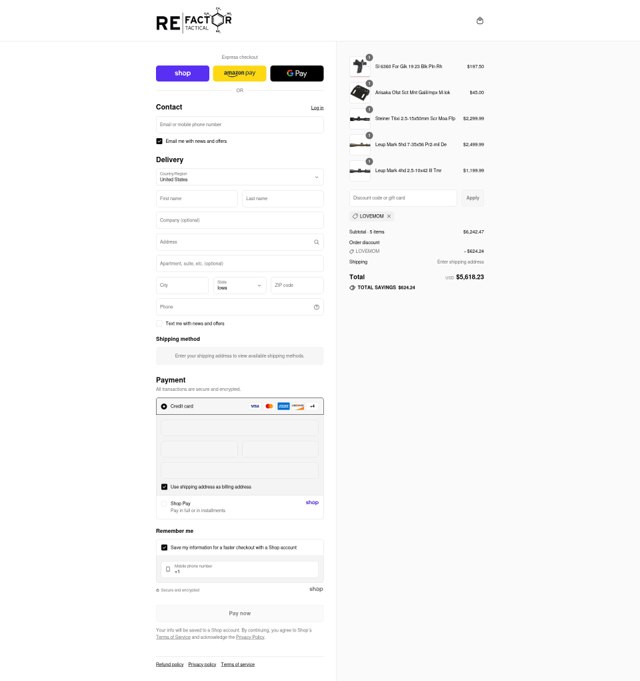 RE Factor Tactical checkout page showing RE Factor Tactical discount code box | Screenshot taken by SimplyCodes community member on Sep 1, 2025