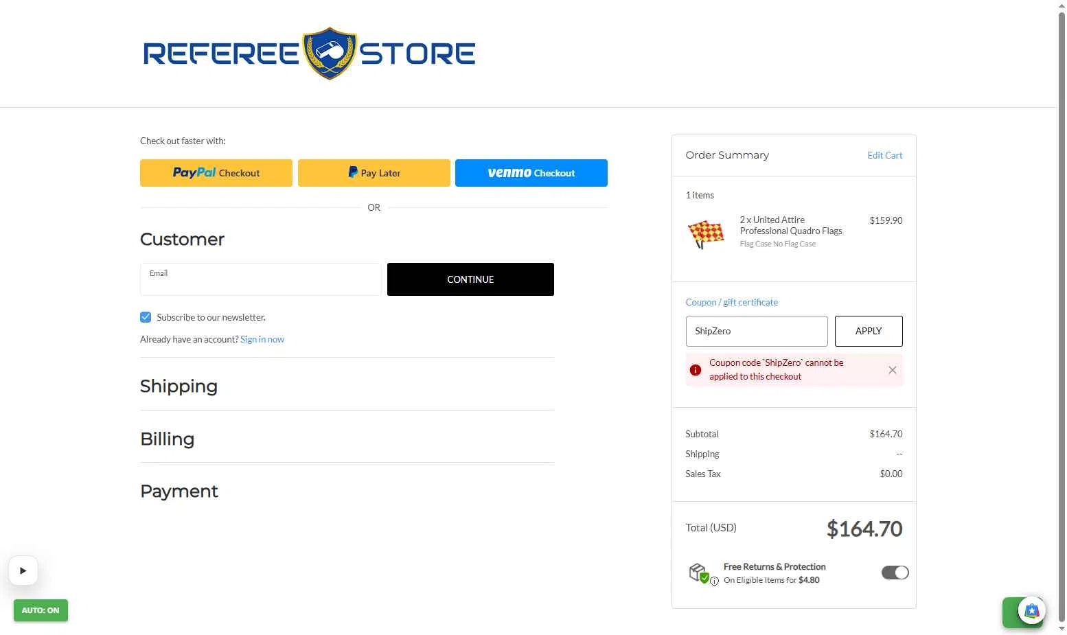 Referee Store checkout page showing Referee Store coupon code box | Screenshot taken by SimplyCodes community member on Jan 16, 2026