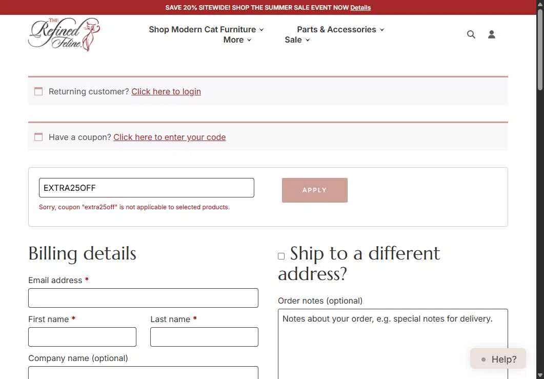 The Refined Feline checkout page showing The Refined Feline coupon code box | Screenshot taken by SimplyCodes community member on Aug 3, 2025