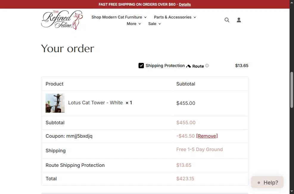 The Refined Feline checkout page showing The Refined Feline coupon code box | Screenshot taken by SimplyCodes community member on May 14, 2025