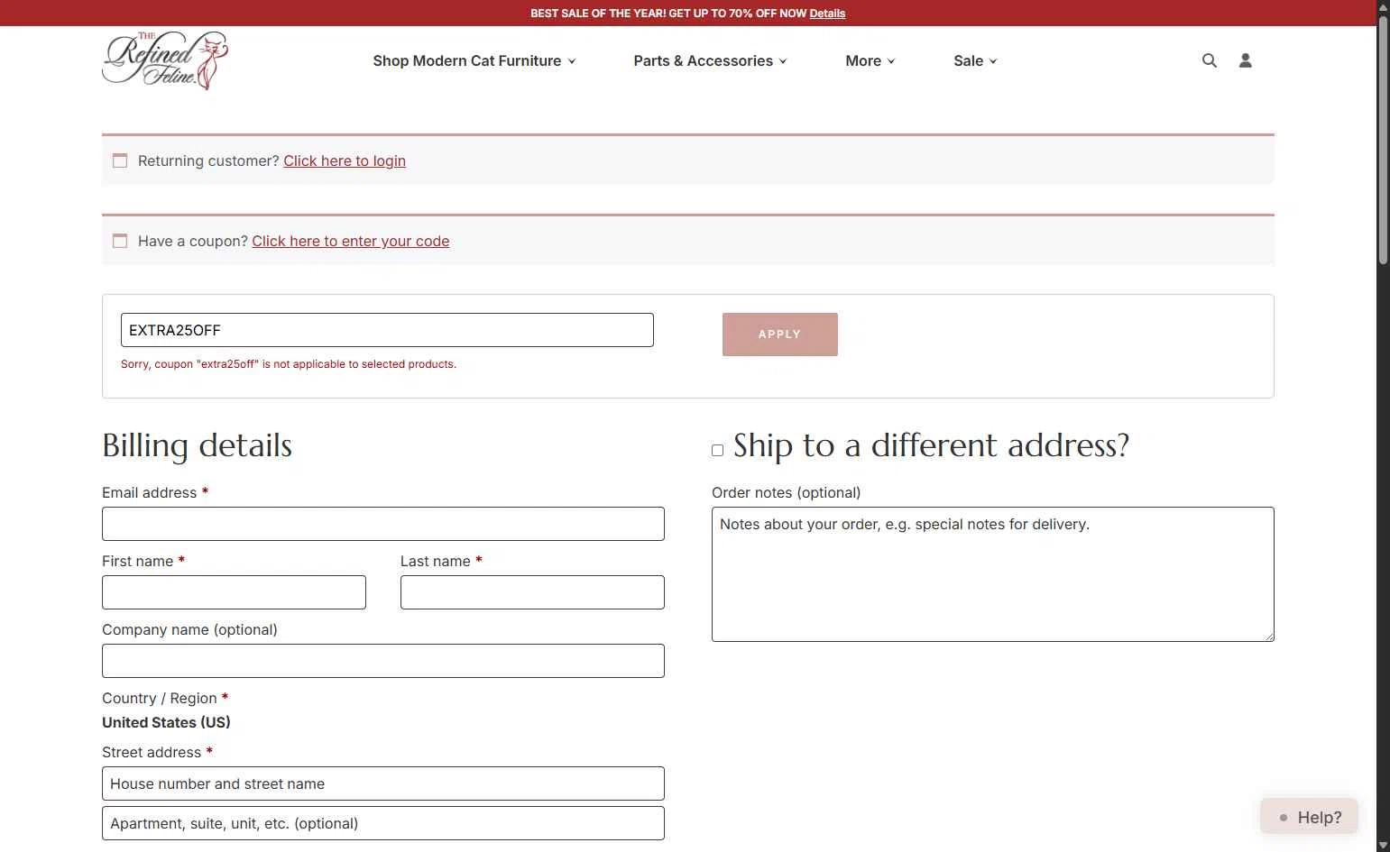 The Refined Feline checkout page showing The Refined Feline coupon code box | Screenshot taken by SimplyCodes community member on Nov 24, 2025