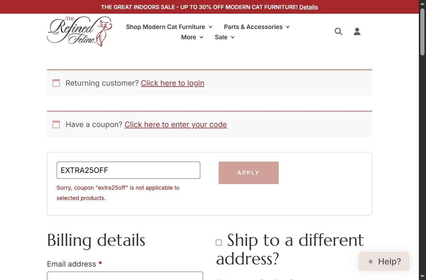 The Refined Feline checkout page showing The Refined Feline coupon code box | Screenshot taken by SimplyCodes community member on Sep 12, 2025