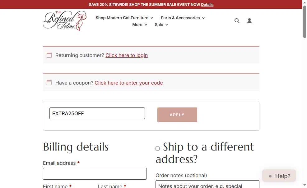 The Refined Feline checkout page showing The Refined Feline coupon code box | Screenshot taken by SimplyCodes community member on Jul 9, 2025
