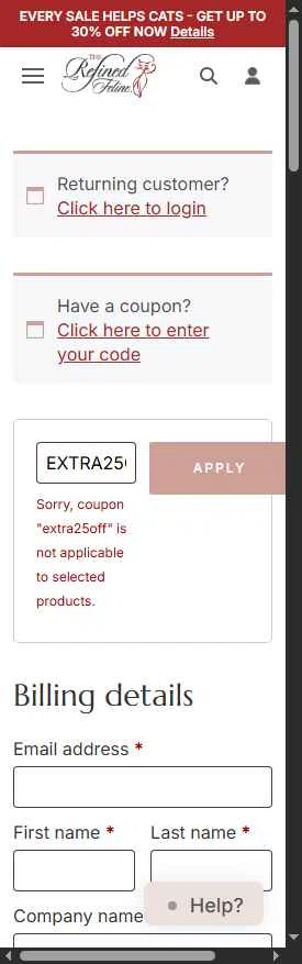 The Refined Feline checkout page showing The Refined Feline coupon code box | Screenshot taken by SimplyCodes community member on Nov 9, 2025