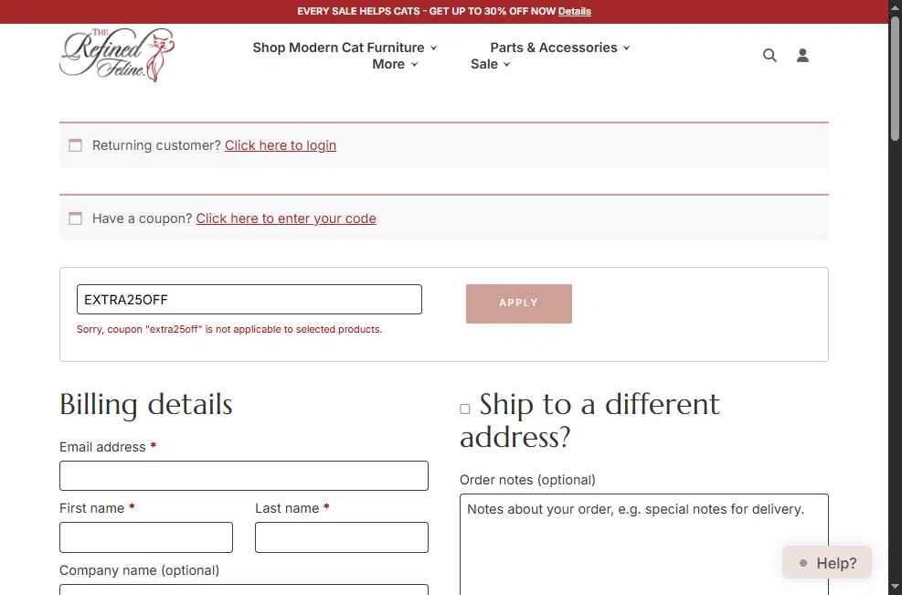 The Refined Feline checkout page showing The Refined Feline coupon code box | Screenshot taken by SimplyCodes community member on Nov 9, 2025