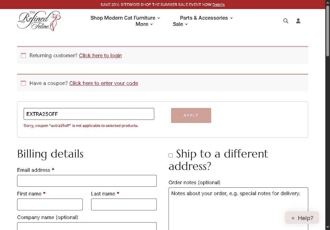 The Refined Feline checkout page showing The Refined Feline coupon code box | Screenshot taken by SimplyCodes community member on Aug 14, 2025