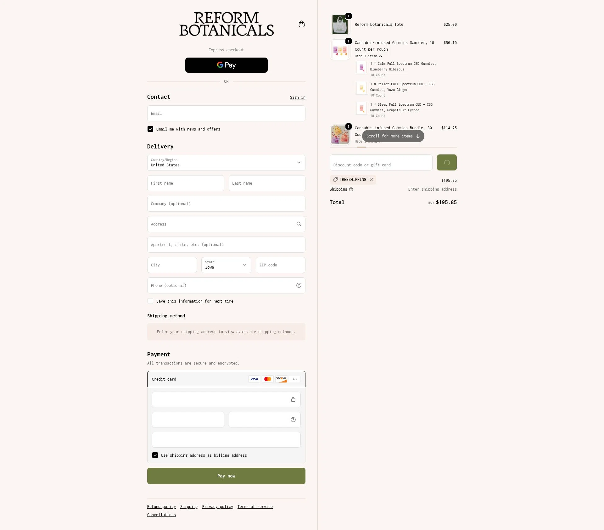 Reform Botanicals checkout page showing Reform Botanicals promo code box | Screenshot taken by SimplyCodes community member on Dec 24, 2025