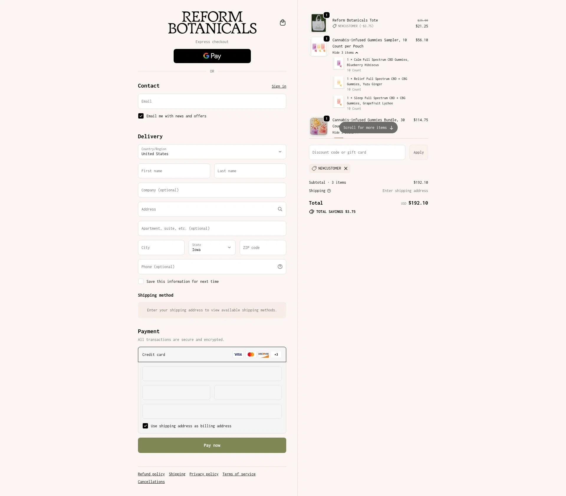 Reform Botanicals checkout page showing Reform Botanicals promo code box | Screenshot taken by SimplyCodes community member on Dec 11, 2025