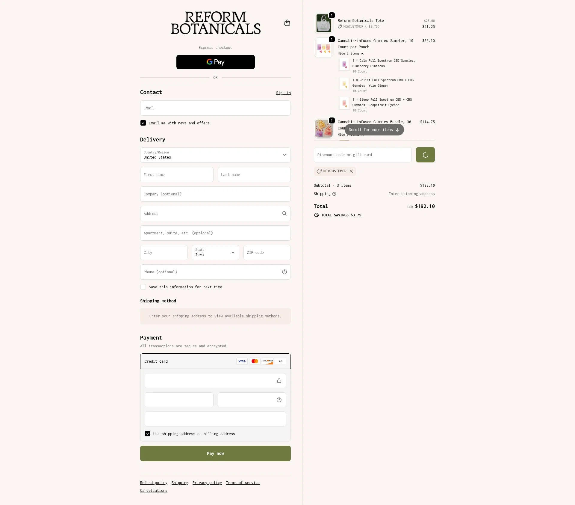Reform Botanicals checkout page showing Reform Botanicals promo code box | Screenshot taken by SimplyCodes community member on Dec 17, 2025