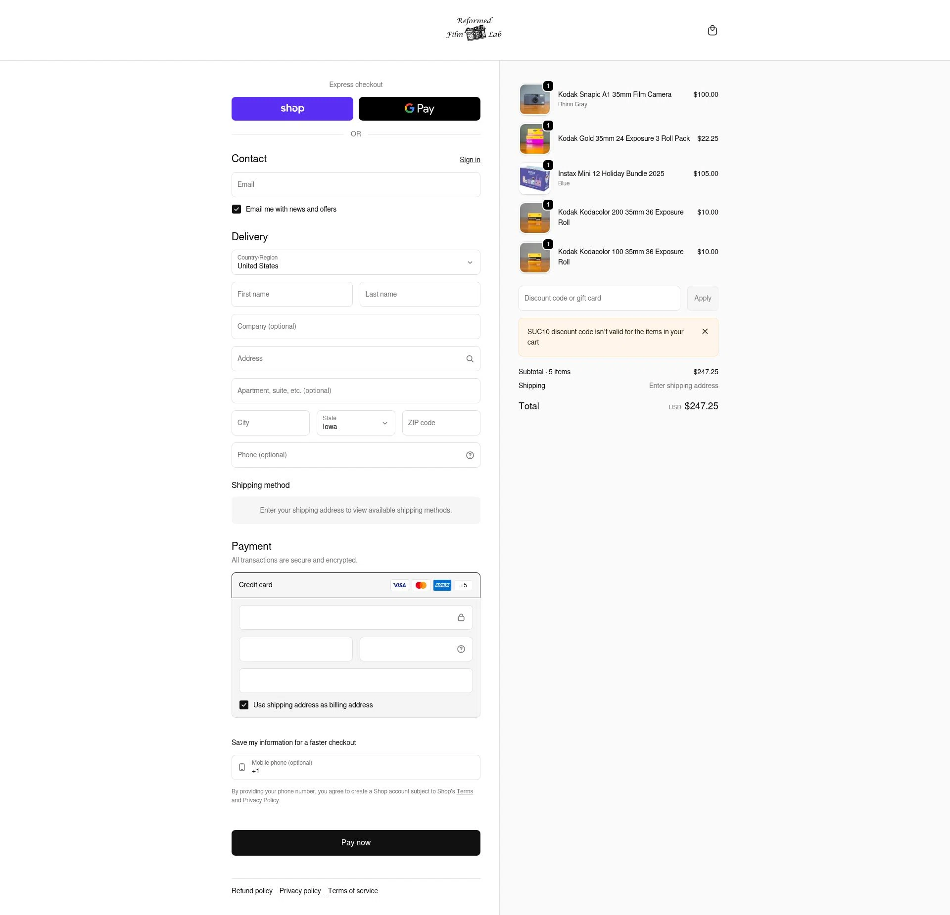 Reformed Film Lab checkout page showing Reformed Film Lab discount code box | Screenshot taken by SimplyCodes community member on Feb 10, 2026