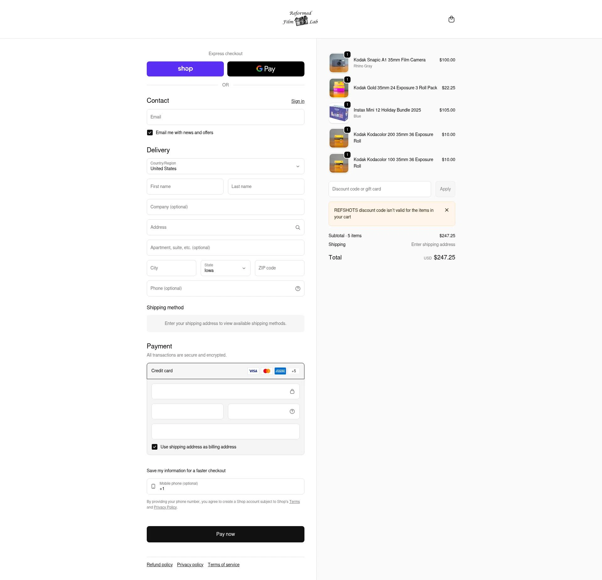 Reformed Film Lab checkout page showing Reformed Film Lab discount code box | Screenshot taken by SimplyCodes community member on Feb 10, 2026
