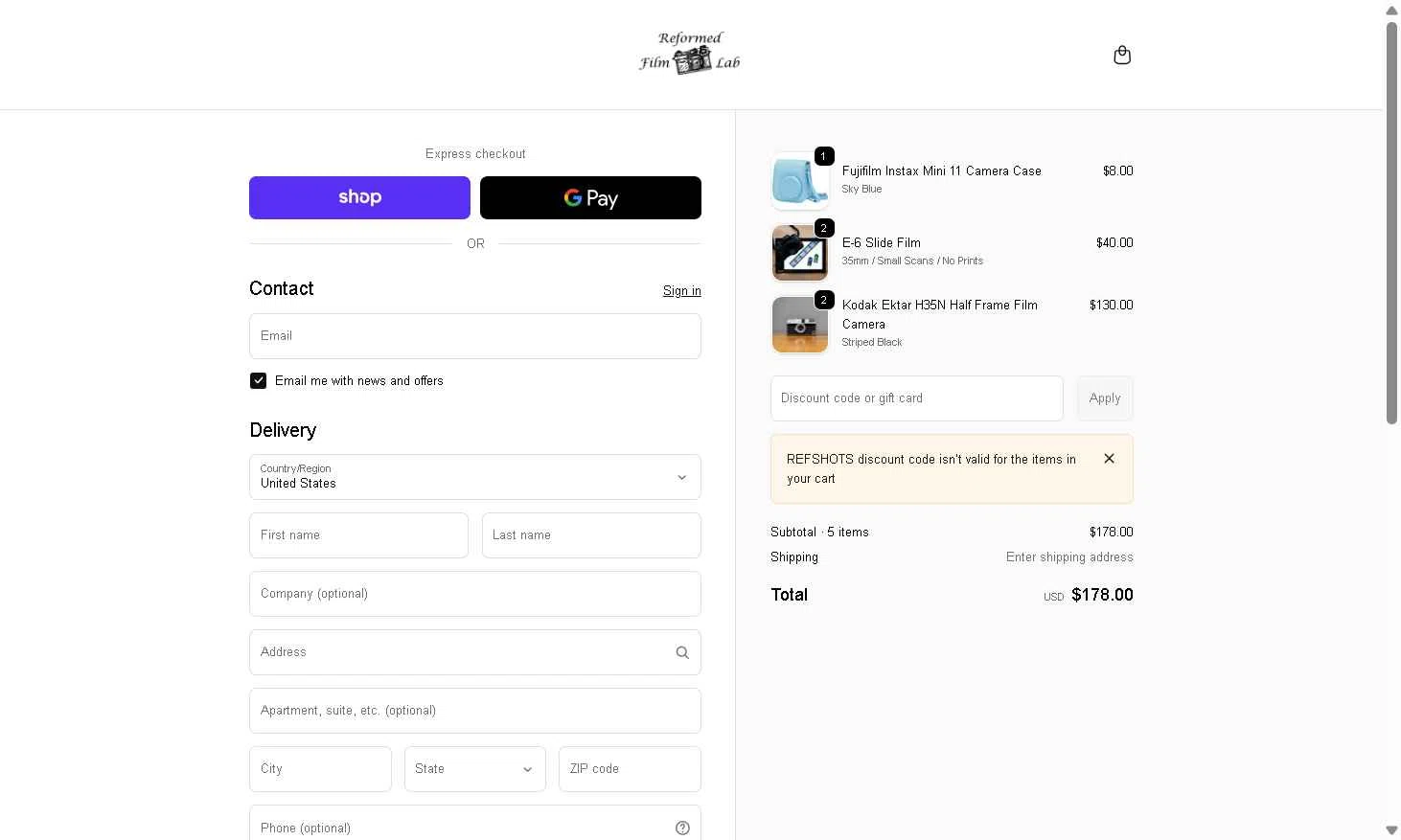 Reformed Film Lab checkout page showing Reformed Film Lab discount code box | Screenshot taken by SimplyCodes community member on Feb 6, 2026