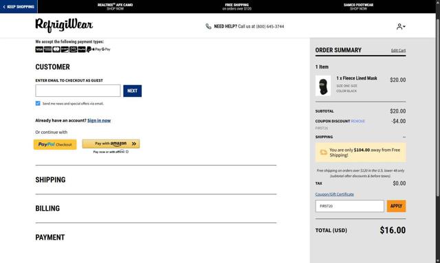 RefrigiWear checkout page showing RefrigiWear promo code box | Screenshot taken by SimplyCodes community member on Sep 12, 2025