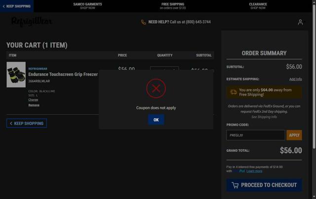RefrigiWear checkout page showing RefrigiWear promo code box | Screenshot taken by SimplyCodes community member on Aug 29, 2025