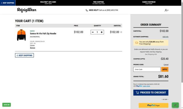 RefrigiWear checkout page showing RefrigiWear promo code box | Screenshot taken by SimplyCodes community member on Sep 12, 2025