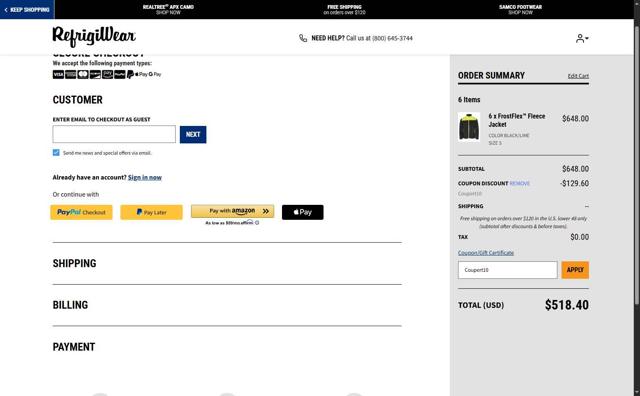 RefrigiWear checkout page showing RefrigiWear promo code box | Screenshot taken by SimplyCodes community member on Sep 11, 2025