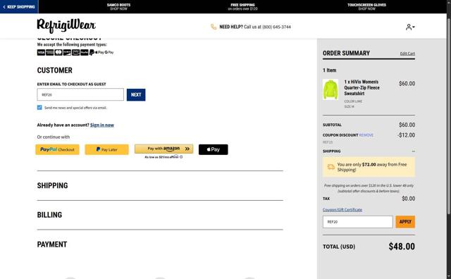 RefrigiWear checkout page showing RefrigiWear promo code box | Screenshot taken by SimplyCodes community member on Aug 27, 2025